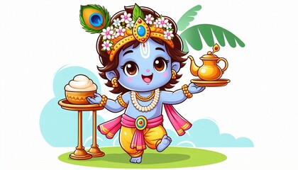 Naklejka premium Cute Cartoon Krishna Holding Pot and Bowl