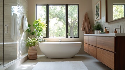 Modern bathroom interior design featuring a freestanding tub and stylish cabinetry bathed in natural light.