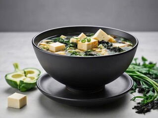 Miso Soup in Black Bowl with Tofu and Seaweed on Light Background