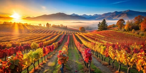 Naklejka premium Autumnal Vineyard Landscape Bathed in Golden Sunlight, With Rolling Hills and Mist in the Distance