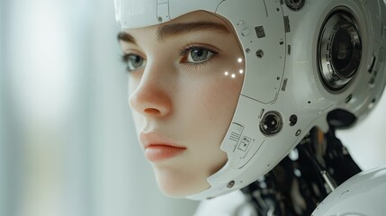 Fototapeta premium Explore the fusion of human emotion and AI technology in a sleek, futuristic world where face integration transforms connection.