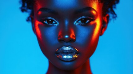 Experience high fashion with trendy neon makeup and striking metallic silver lips in a vibrant studio setting.