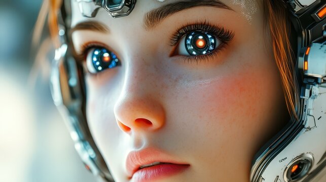 A closeup of a humanlike female android, showcasing advanced AI integration and a sleek design in soft daylight. - Powered by Adobe