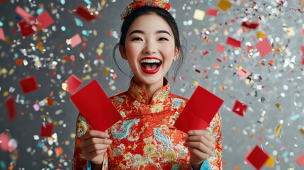 Celebrating with red envelopes during a festive occasion
