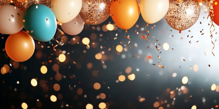 Vibrant balloons and sparkling confetti create a festive atmosphere against a bokeh-lit background, capturing the joyous essence of a celebration or party.