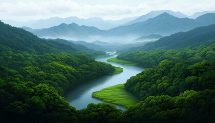 Serene landscape with a winding river surrounded by lush mountains and forests.