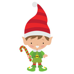 Cute Christmas elf boy with candy cane vector cartoon flat style illustration