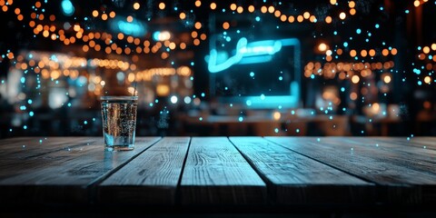 A glass sits on a wooden table while vibrant bokeh lights create a festive atmosphere in the blurred background, evoking a sense of warmth and celebration.