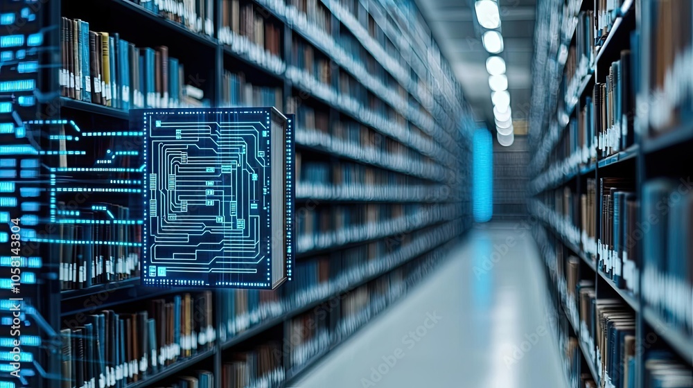 Poster digital circuit overlay in a modern library with shelves of books.