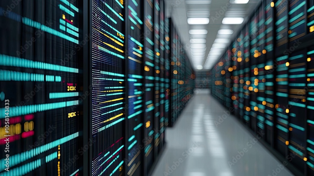Poster data center with server racks and illuminated panels, modern technology background.