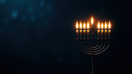 A glowing menorah with multiple candles lit against a dark background, symbolizing celebration and light.