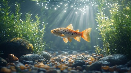A single trout swims in a clear stream, sunlight filtering through the water.