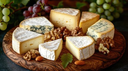 Assorted cheese platter with walnuts and grapes on a wooden board.
