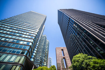 Modern Urban Architecture: Tall Skyscrapers Soaring Under Clear Blue Sky