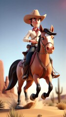Fototapeta premium Animated cowboy riding horse in desert landscape with cacti