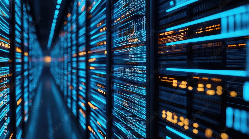 Poster abstract data center with illuminated servers and blue light patterns.