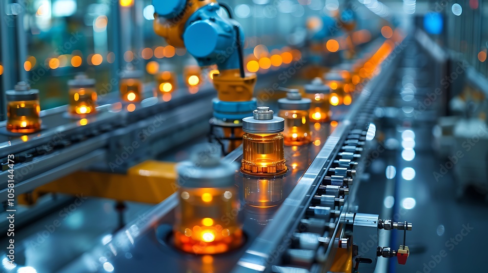 Aufkleber A robotic arm operates in a factory, sorting illuminated containers on a conveyor belt, highlighting automation in modern manufacturing.