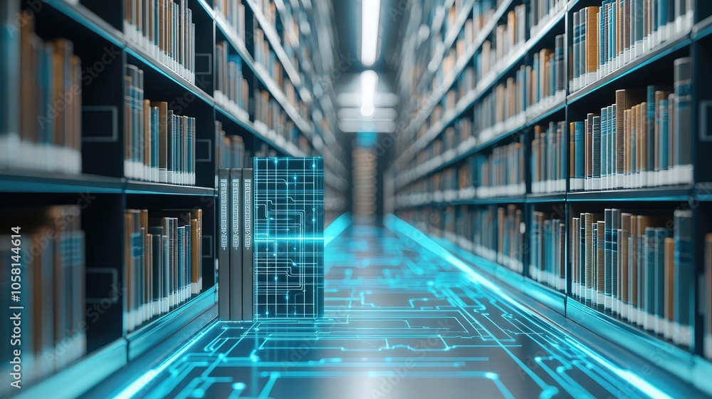 Poster futuristic library with digital interface and glowing elements.