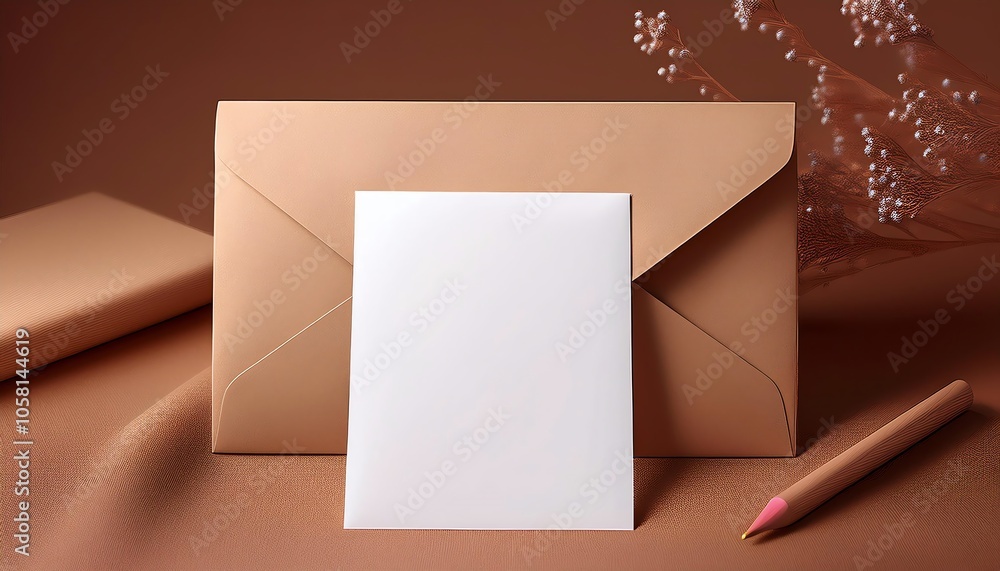 Poster a minimalist arrangement featuring a blank notepaper and an envelope on a textured background, ideal