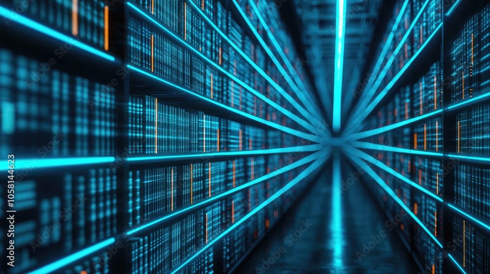 Poster futuristic data center with glowing server racks in perspective view.