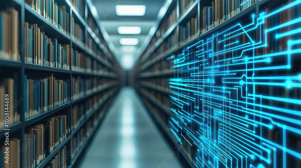 Poster digital transformation in libraries with glowing technology and shelves of books.