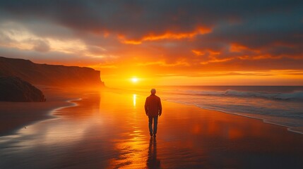 A solitary figure walks along a beach at sunset, the sky ablaze with orange and red hues, reflecting on the wet sand.