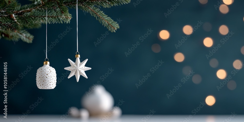 Poster hanging ornaments in a minimalist style, including a star, are set against a dark blue background wi