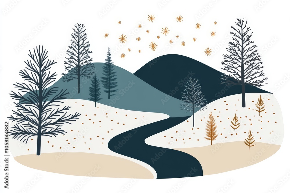 Poster minimalist winter scene with mountains pine trees and a winding river under starry skies creating a 