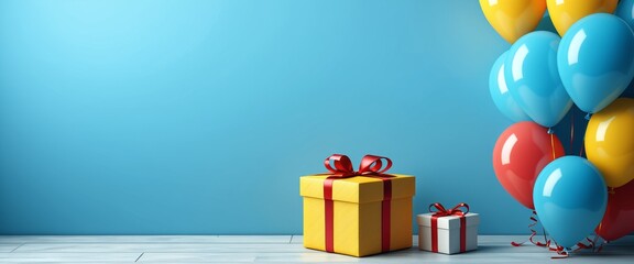 Colorful balloons and wrapped gifts on wooden floor with blue background