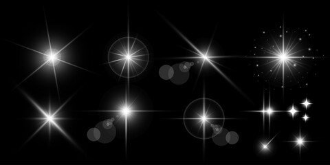 Glowing light bursts with sparkles. Glow light effect set, lens flare, explosion, glitter, line, sun flash, spark and star. Abstract image of lighting flare and white stars. Vector illustration