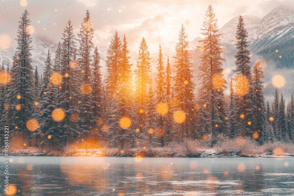 Aufkleber pine trees and bokeh lights on a snowy winter evening creating a warm and festive holiday atmosphere
