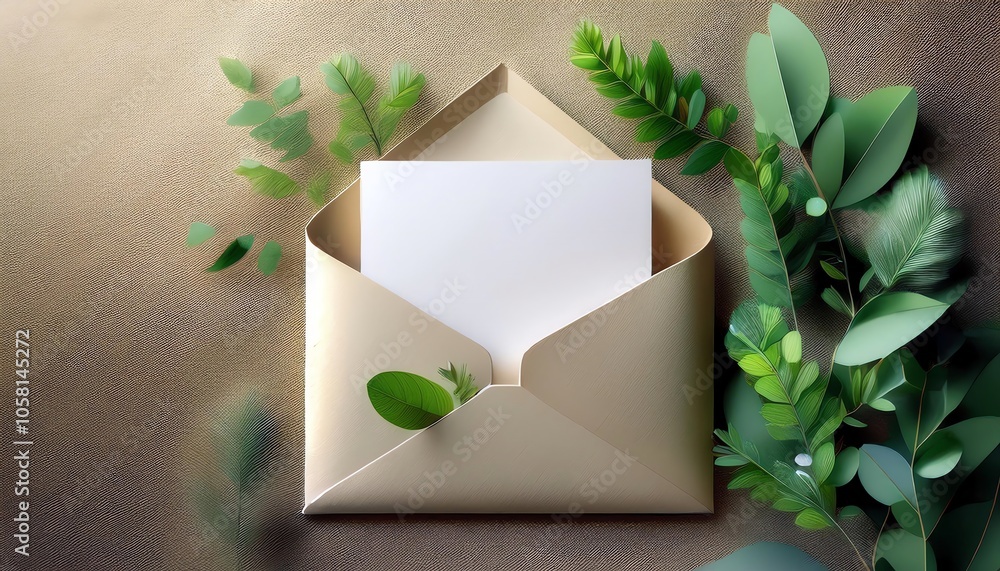 Poster a closed envelope with a blank card inside, surrounded by greenery, set against a textured backgroun
