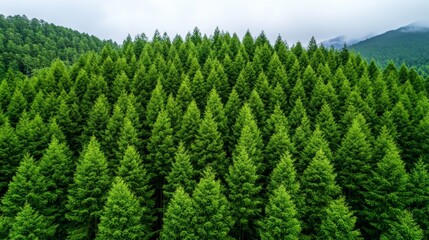 Obraz premium Aerial View of Lush Evergreen Forest with Foggy Mountains in Background