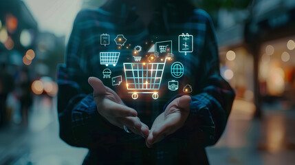 E-commerce concept  person holding a shopping cart hologram with financial icons