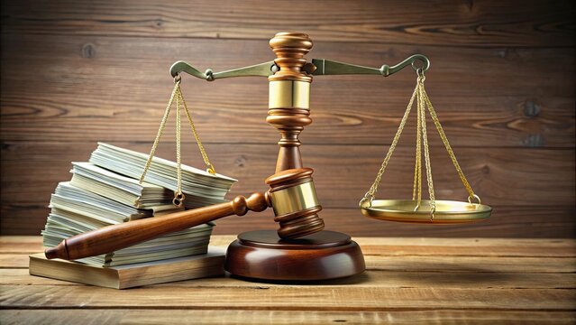 Justice scale tipped over with stacks of cash and wooden gavel on its side, justice, scale, tipped over, cash