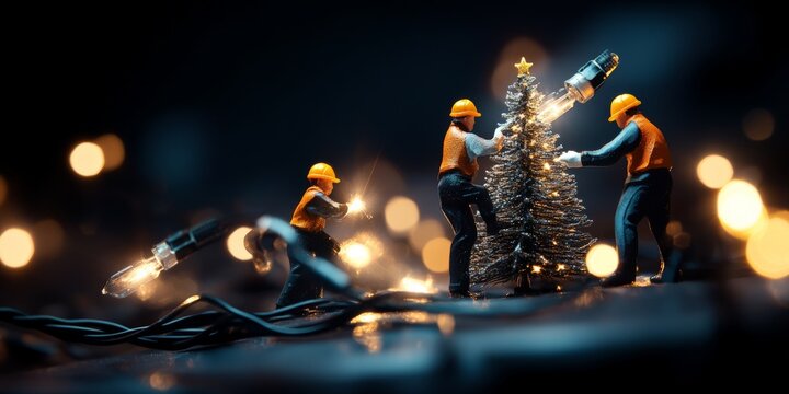 Miniature figurines of workers wear helmets and decorate a small Christmas tree with string lights, creating a whimsical and imaginative festive scene full of charm.