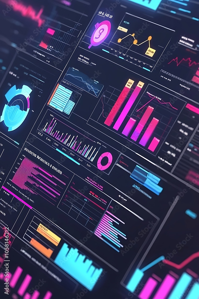 Poster vibrant and colorful representation of data analytics, featuring various graphs and charts on a digi
