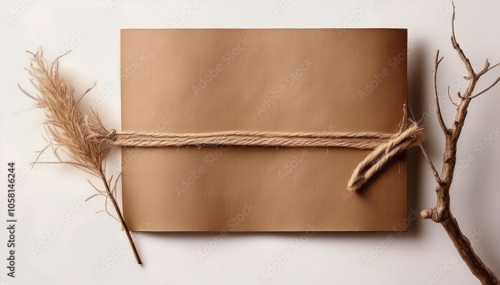 Poster a rustic, brown envelope tied with twine, accompanied by dried grass and a twig, simple yet elegant 