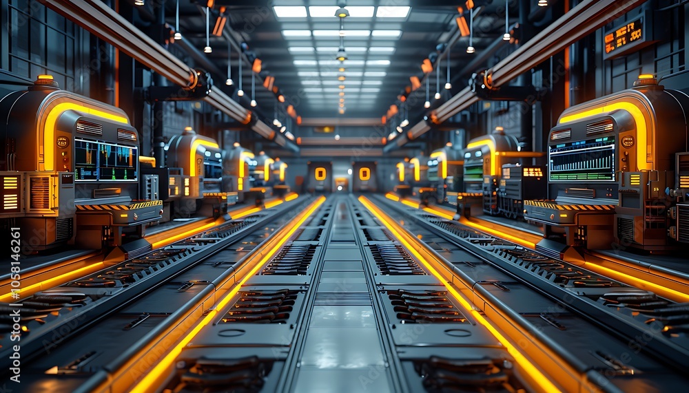 Poster a futuristic industrial setting with illuminated conveyor belts and machinery, showcasing advanced t