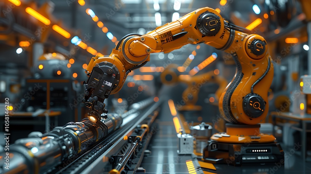 Poster a robotic arm operates in a high-tech manufacturing facility, showcasing automation and precision in