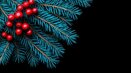 Blue Spruce Branch with Red Berries Isolated on Black Background