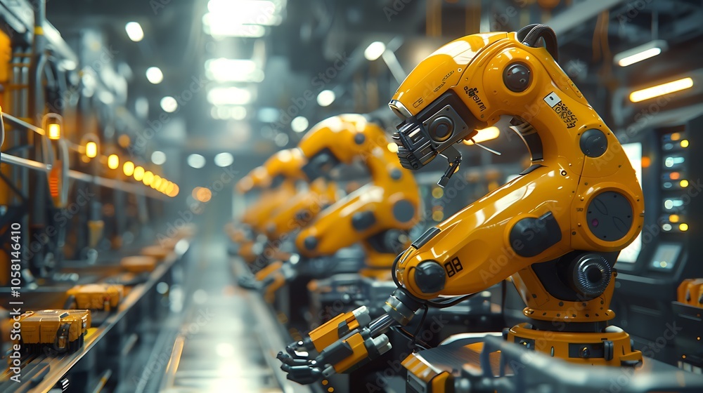 Poster a futuristic industrial setting featuring robotic arms in an assembly line, showcasing automation an