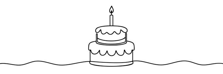 Continuous one line drawing of birthday cake with candles. Symbol of sweet celebration torte and pastry confectionery icon concept in simple linear style.
