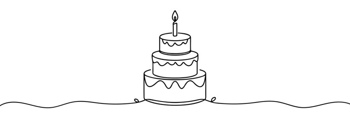 Continuous one line drawing of birthday cake with candles. Symbol of sweet celebration torte and pastry confectionery icon concept in simple linear style.