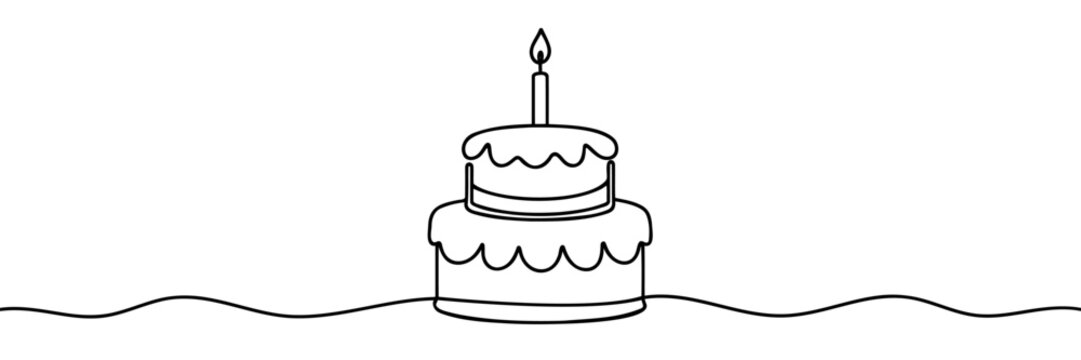 Continuous one line drawing of birthday cake with candles. Symbol of sweet celebration torte and pastry confectionery icon concept in simple linear style.
