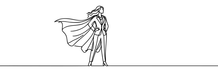 Single continuous line drawing businesswoman superhero with cloak . Business takes off. Business project concept. One line draw graphic design vector illustration