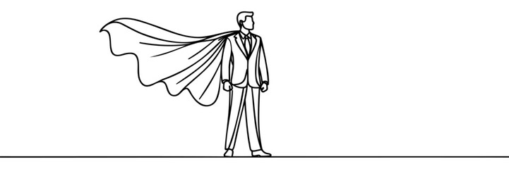 Single continuous line drawing businessman superhero with cloak . Business takes off. Business project concept. One line draw graphic design vector illustration © Vasyl Yurlov