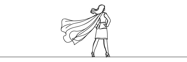 Single continuous line drawing businesswoman superhero with cloak . Business takes off. Business project concept. One line draw graphic design vector illustration