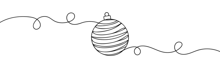 Christmas ball in One Continuous line drawing. Festive Christmas tree bauble with ribbon in simple linear style. Doodle outline vector illustration