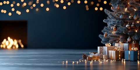 A beautifully decorated Christmas tree with shimmering lights and an array of wrapped presents around it evokes warmth and festive anticipation.